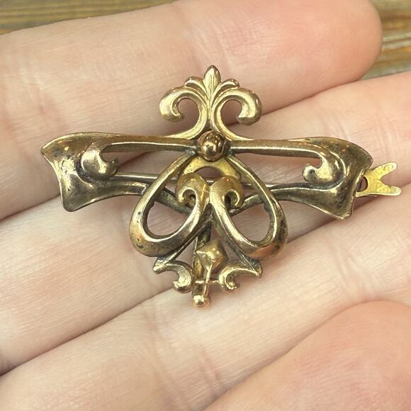 Antique Victorian Signed C.T. Gold Filled Fleur De Lis Floral Watch Pin Brooch - Picture 1 of 7
